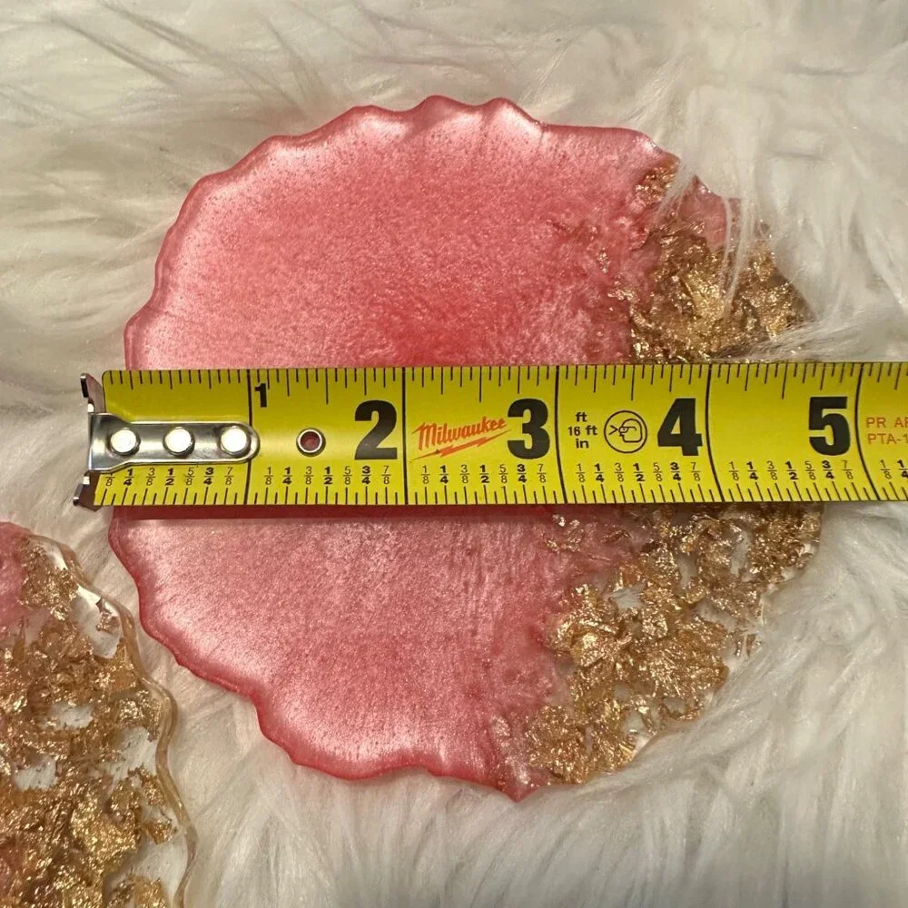 2-Piece Handmade Pink & Gold Resin Agate Coasters Glam Glitter Gift Home Decor